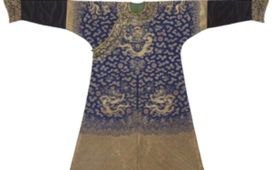 A GOLD AND SILVER-EMBROIDERED BLUE-GROUND DRAGON ROBE, LATE QING DYNASTY