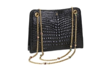Gucci Vintage Black Crocodile Handbag, gold tone chain