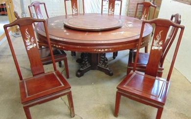 Round Chinese table with 8 chairs, inlaid with mop