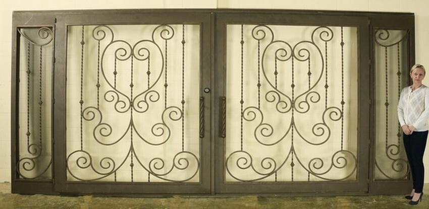 Hand crafted wrought iron double doors w/ glass 194"w