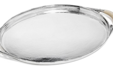 Johan Rohde: Serving tray with slightly hammered surface and ivory handles. Georg Jensen 1945–1977. L. 51.5 cm.