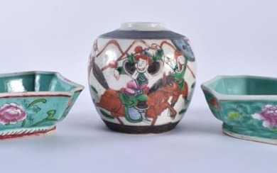 A 19TH CENTURY CHINESE FAMILLE VERTE PORCELAIN GINGER JAR together with a pair of famille rose dishe