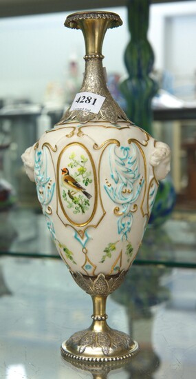 A 19TH CENTURY SILVER GILT MOUNTED HAND PAINTED PARIAN VASE WITH BIRD MOTIFS