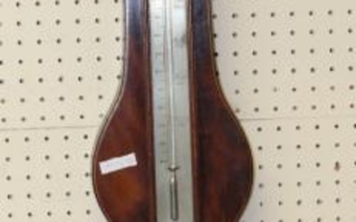 A 19th century mahogany barometer thermometer having silvered registers and...