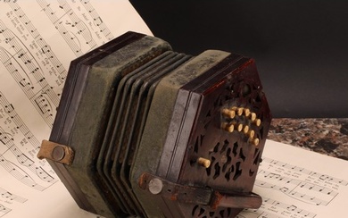 A 19th century rosewood concertina, twenty one bone keys, he...