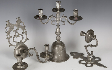 A 20th century pewter three-light candelabrum, height 39.5cm, together with a group of pewter wall l