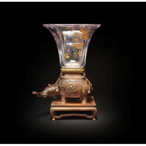 A BACCARAT GILDED GLASS AND BRONZE ELEPHANT VASE, CIRCA 1880...