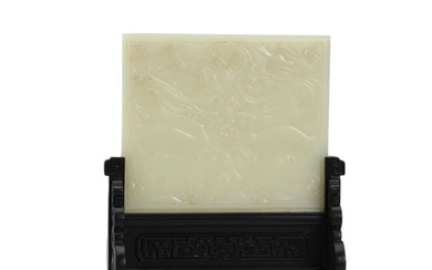 A CHINESE CARVED WHITE JADE DEERS TABLE SCREEN