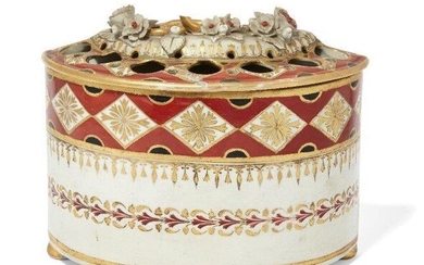 A Chamberlain’s Worcester demi lune bough pot, early 19th century, the pierced cover with encrusted flowers to lid, with gilt foliate decoration on a white and red ground, on three gilt bun feet, with liner, damage to lid, painted 'Chamberlain's...