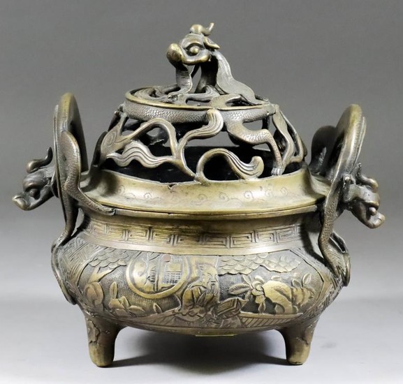 A Chinese Bronze Two-Handled Censer and Cover, 20th Century,...
