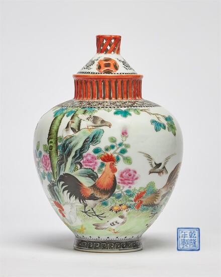 A Chinese Famille Rose 'Cockerel' pot pourri vase