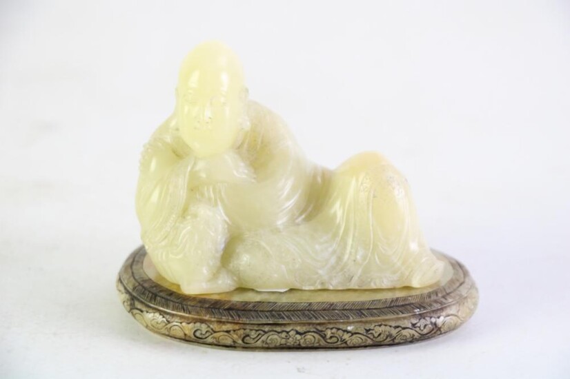 A Chinese Jade Reclining Buddha On Jade Insert Stand/Base (Width of Buddha) 7cm