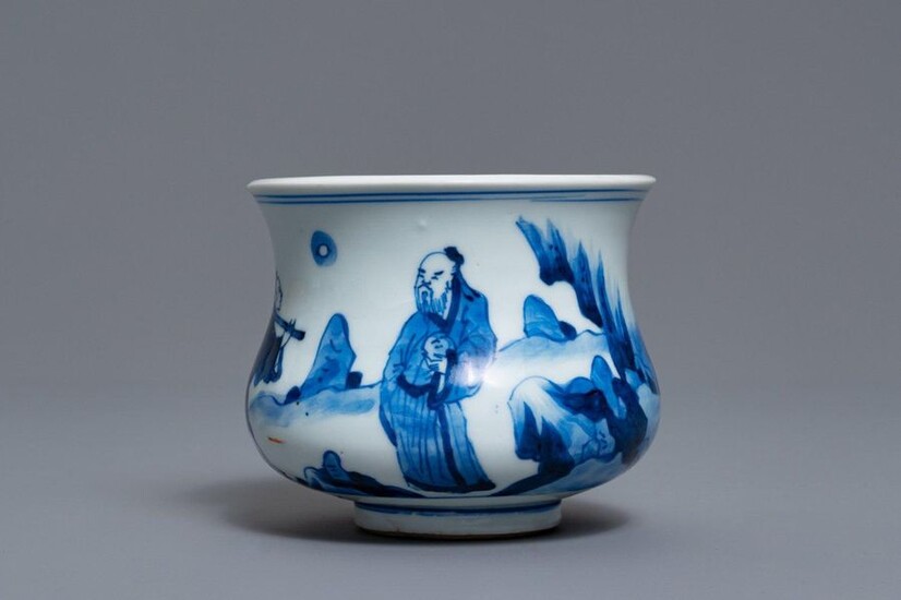 A Chinese blue and white censer with figures...