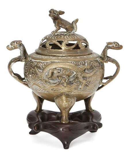 A Chinese polished bronze censer and cover, 19th century, modelled...