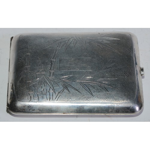 A Chinese silver rounded rectangular cigarette case, engrave...