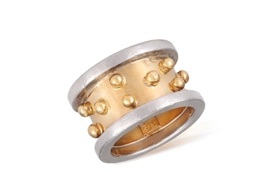 A GOLD AND SILVER RING, BY ZOLOTAS The bi-coloured thick ba...