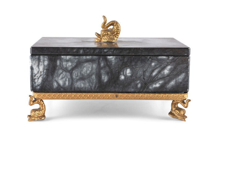 A Gilt and Black Onyx Box with Dolphin Finial