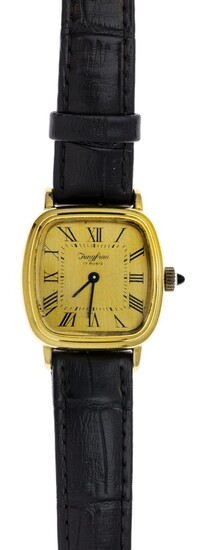 A Gold Lady's Wristwatch by Jungfrau 17 Jewel. 18 carat (.750) gold case, INOX leather band. Li...