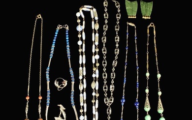 A Group of Costume Jewellery to include: Six necklaces, a pair of Art Deco style green pearlised dre