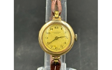 A J W Benson of London ladies wristwatch in 9ct gold on leat...