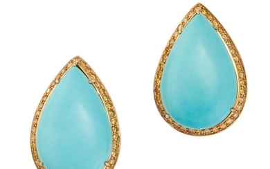 A LARGE PAIR OF TURQUOISE AND YELLOW DIAMOND EARRINGS in 18ct yellow gold, each set with a pear