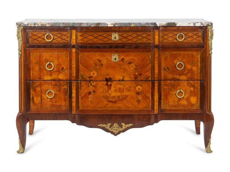 A Louis XVI Style Gilt-Bronze-Mounted Marquetry Commode