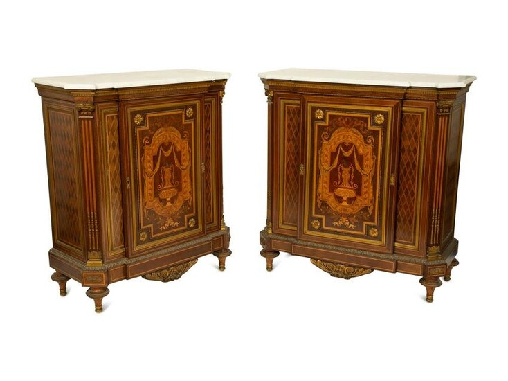 A Near Pair of Napoleon III Marquetry Tulipwood Marble
