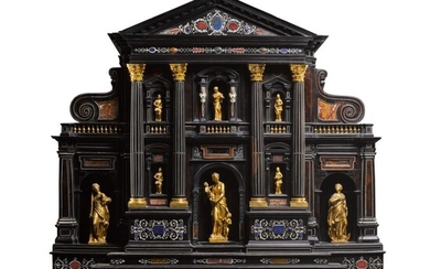 A North Italian gilt-bronze mounted hardstone and ivory inlaid ebony cabinet-on-stand, second half 19th century
