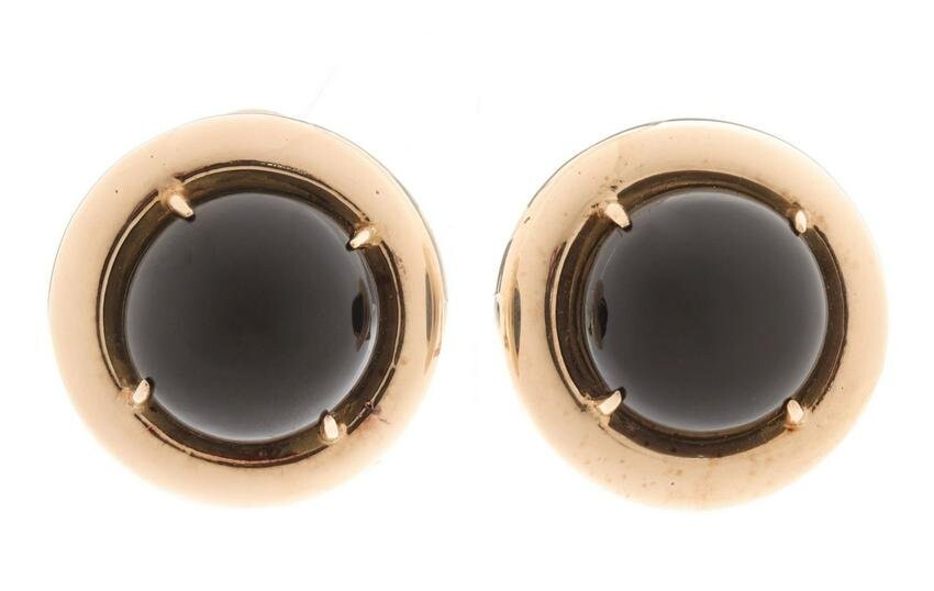 A PAIR 14K GOLD AND BLACK JADE EARRINGS FOR GUMPS