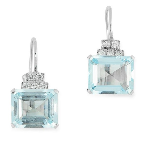A PAIR OF AQUAMARINE AND DIAMOND EARRINGS each set with