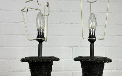 A PAIR OF BRONZE CLASSICAL DESIGN URN TABLE LAMPS,...