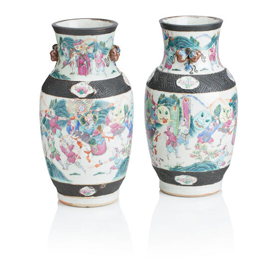 A PAIR OF CANTON FAMILLE ROSE VASES