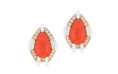 A PAIR OF CORAL, MOTHER-OF-PEARL AND DIAMOND EARRINGS