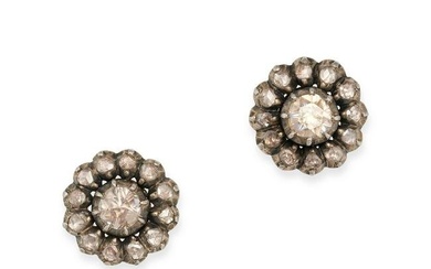 A PAIR OF DIAMOND CLUSTER EARRINGS in 14ct yellow gold and silver, each set to the centre with a