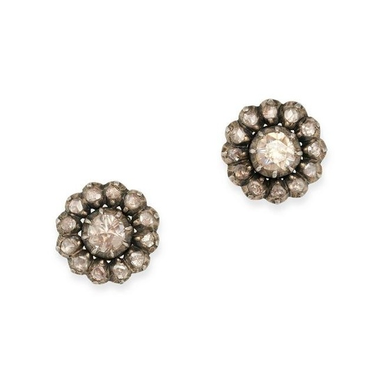 A PAIR OF DIAMOND CLUSTER EARRINGS in 14ct yellow gold and silver, each set to the centre with a