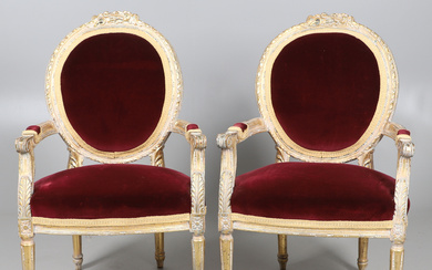 A PAIR OF FRENCH STYLE SALON CHAIRS.