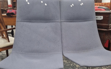 A PAIR OF JADE GREY UPHOLSTERED CHAIRS WITH THE RECTANGULAR BACKS RUNNING DOWN TO THE SEATS AND