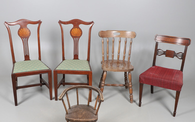 A PAIR OF MAHOGANY DINING CHAIRS AND THREE OTHER ASSORTED CHAIRS.