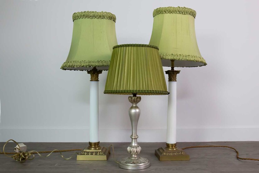 A PAIR OF OPAQUE GLASS AND BRASS CORINTHIAN PILLAR TABLE LAMPS, ALONG WITH ANOTHER TABLE LAMP