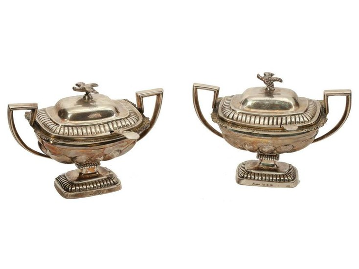 A PAIR OF RUSSIAN GILT-SILVER GRAVY BOWLS & SPPONS
