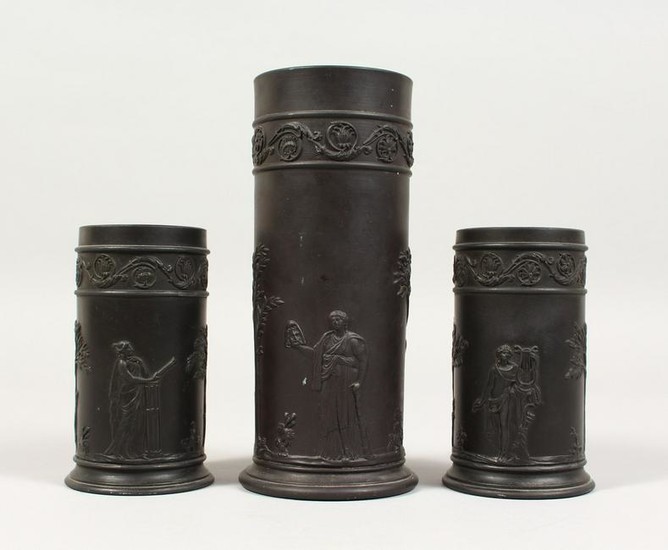A PAIR OF WEDGWOOD BLACK BASALT SPILL VASES, with