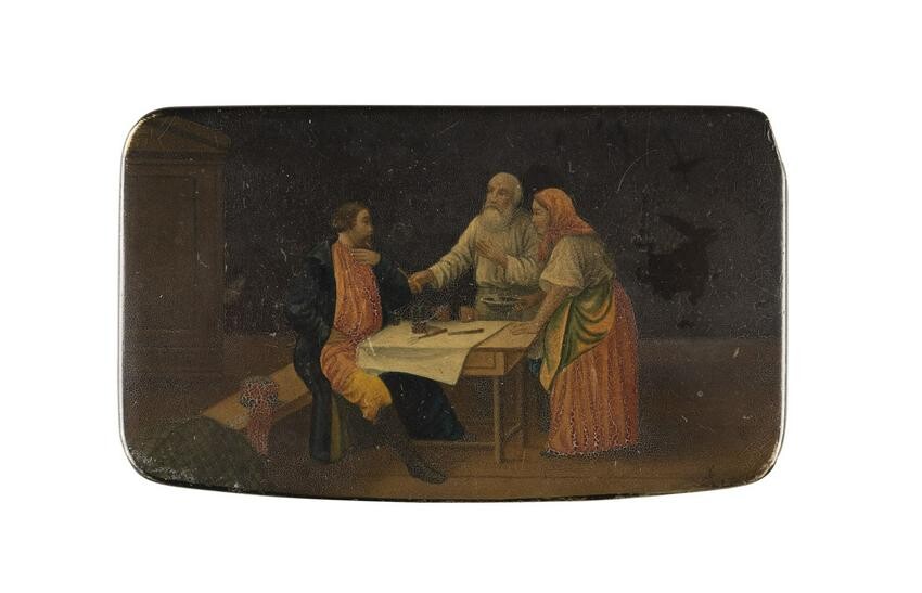 A PAPIERMACHÃ‰ AND LACQUER BOX SHOWING RUSSIAN PEASANTS