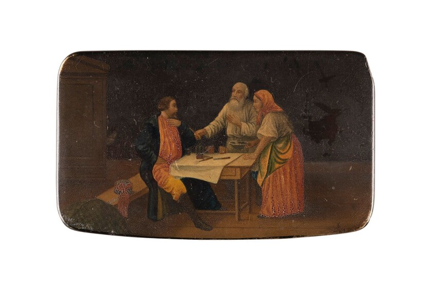 A PAPIERMACHÉ AND LACQUER BOX SHOWING RUSSIAN PEASANTS