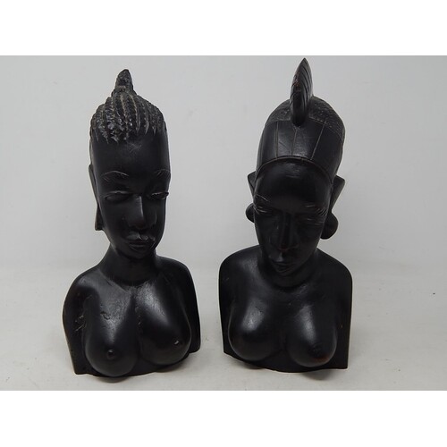 A Pair of Antique African Hardwood Tribal Busts: Tallest 30c...