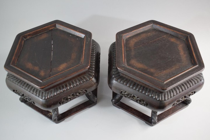 A Pair of Carved and Pierced Hexagonal Hard Wood Oriental Va...