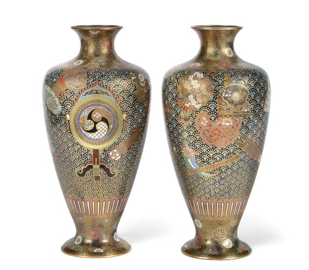 A Pair of Japanese Cloisonné Enamel Vases, Meiji period, of baluster form with flared necks,...
