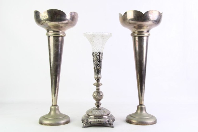 A Pair of Large Silver Plated Trumpet Vases (H 47cm) Together with Another Glass Insert Candle Holder (H 38cm)