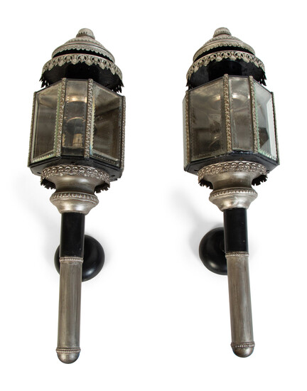 A Pair of Victorian Black and Silver Painted Tole Coach Lanterns