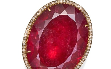 A RUBELLITE TOURMALINE AND DIAMOND RING set with an oval cut rubellite tourmaline in a border of ...
