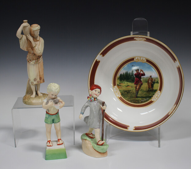 A Royal Worcester blush ivory figure of an Eastern female water carrier, circa 1891, puce printed an
